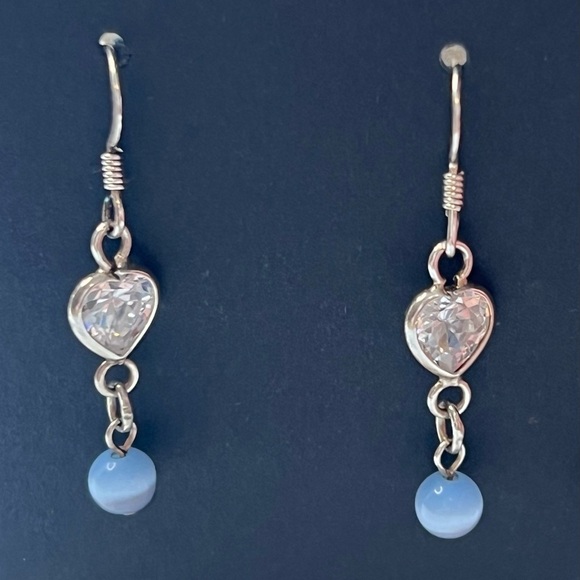 Jewelry - Vintage Sterling Silver Heart Dangle Earrings Blue Bead NOS